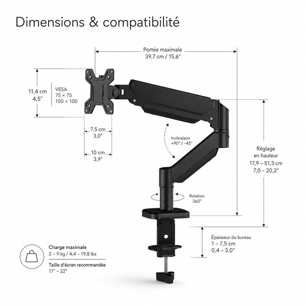 Dimensions bras moniteur ERGOΛ Axis : portée 39,7 cm, hauteur réglable 17,9–51,3 cm, compatibilité VESA