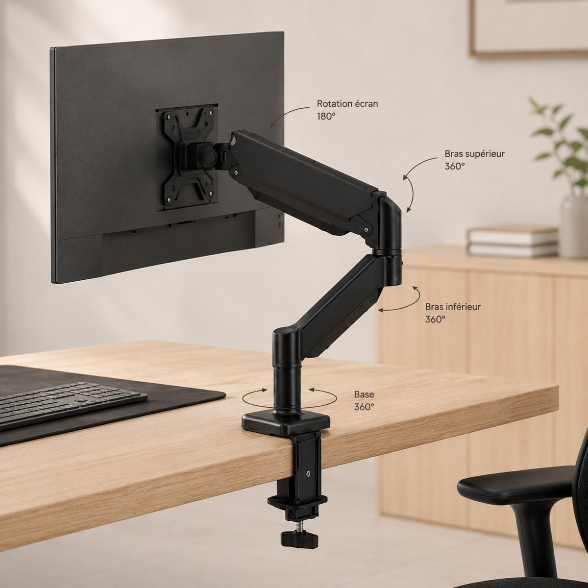 Bras moniteur ERGOΛ Axis sur bureau, rotations annotées : écran 180°, bras supérieur 360°, base 360°