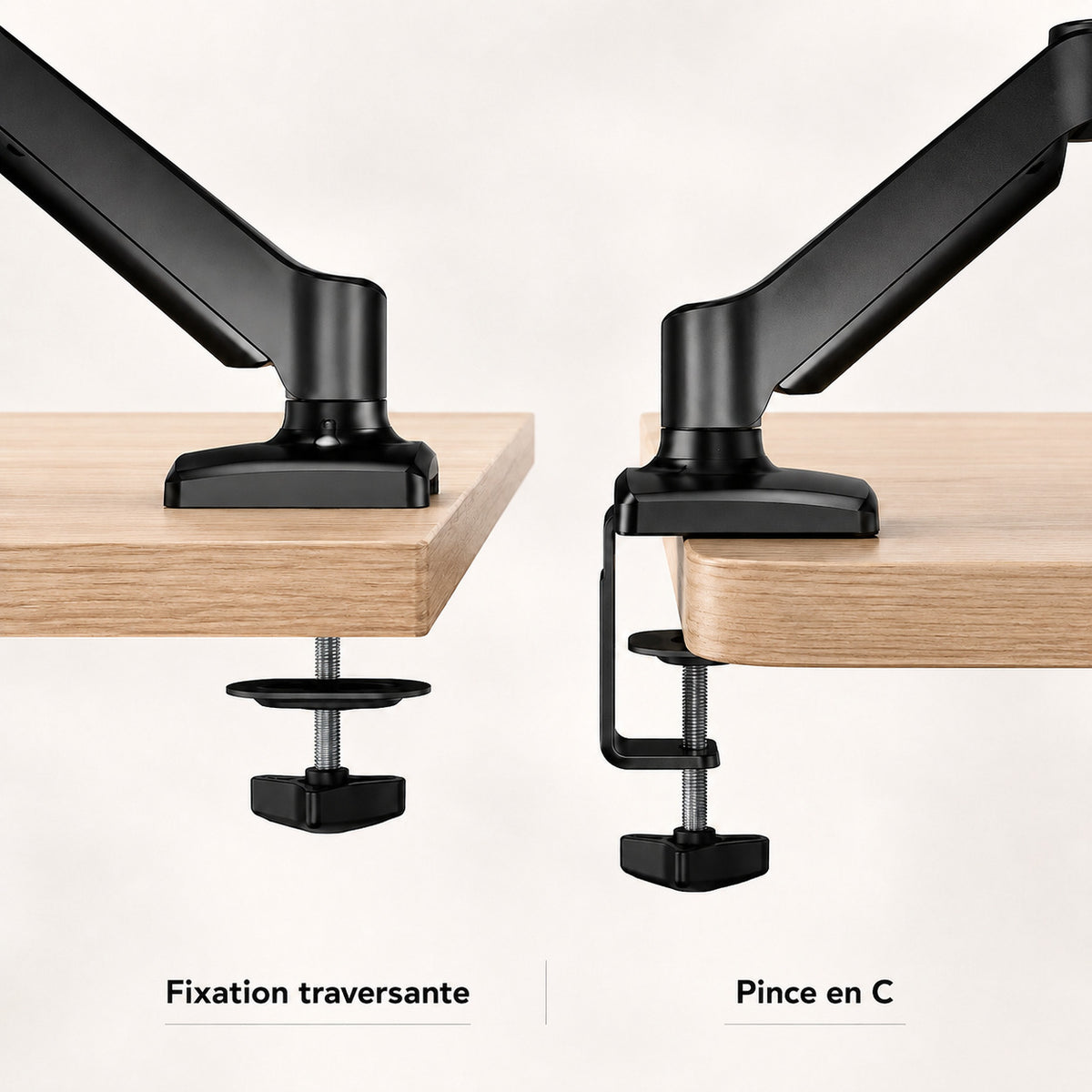 Gros plan fixations bras moniteur ERGOΛ Axis : fixation traversante et pince en C, deux options montage