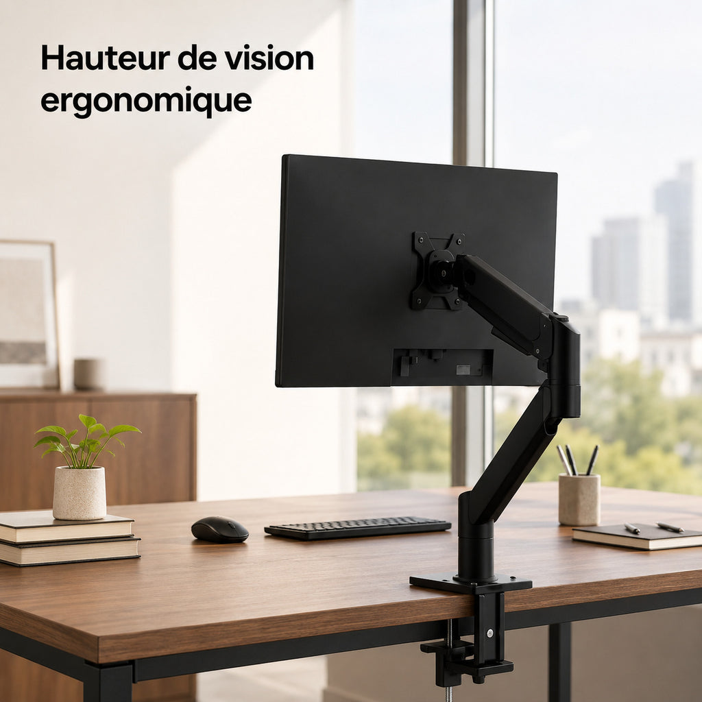 Bras moniteur ERGOΛ Axis réglé à hauteur ergonomique, bureau home office lumineux vue de face