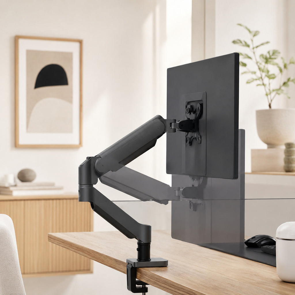 Bras moniteur ERGOΛ Axis avec écran en mode portrait, bureau épuré fond clair