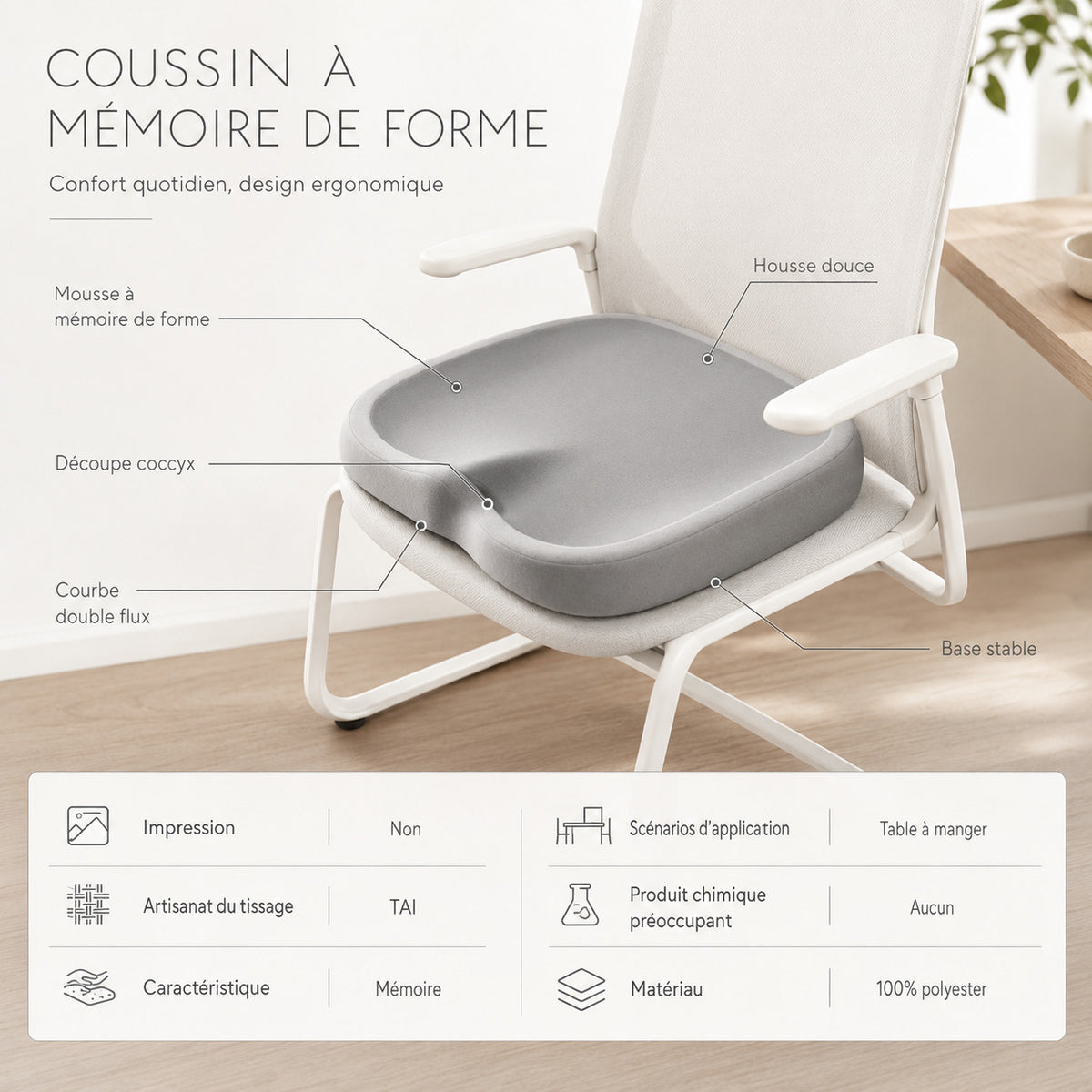 Infographie coussin ERGOΛ Cloud Memory posé sur chaise : mousse mémoire, découpe coccyx, housse douce