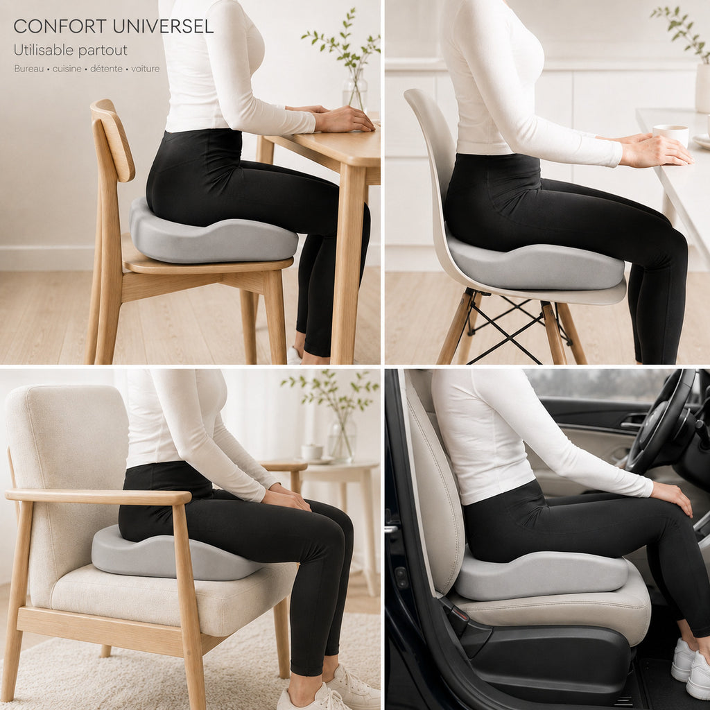 Coussin ERGOΛ Cloud Memory utilisé dans 4 contextes : bureau, cuisine, fauteuil, voiture
