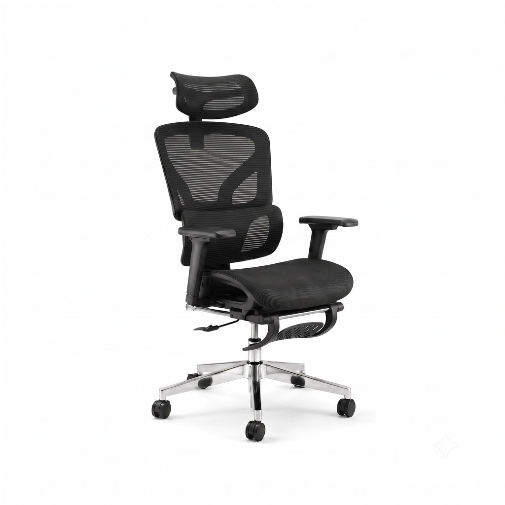 Siège ergonomique ERGOΛ Flex noir, vue 3/4, mesh respirant, base aluminium poli 5 branches
