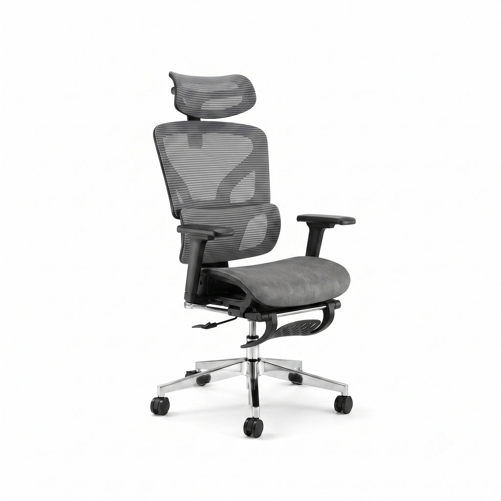 Siège ergonomique ERGOΛ Flex gris, vue 3/4, mesh respirant, base aluminium poli 5 branches