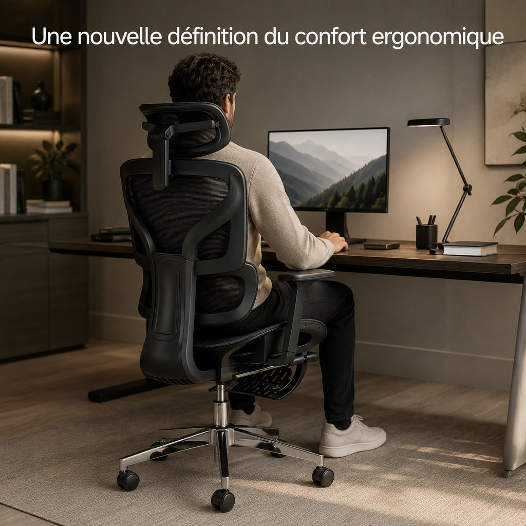Utilisateur assis de dos sur siège ERGOΛ Flex à son bureau, home office éclairé