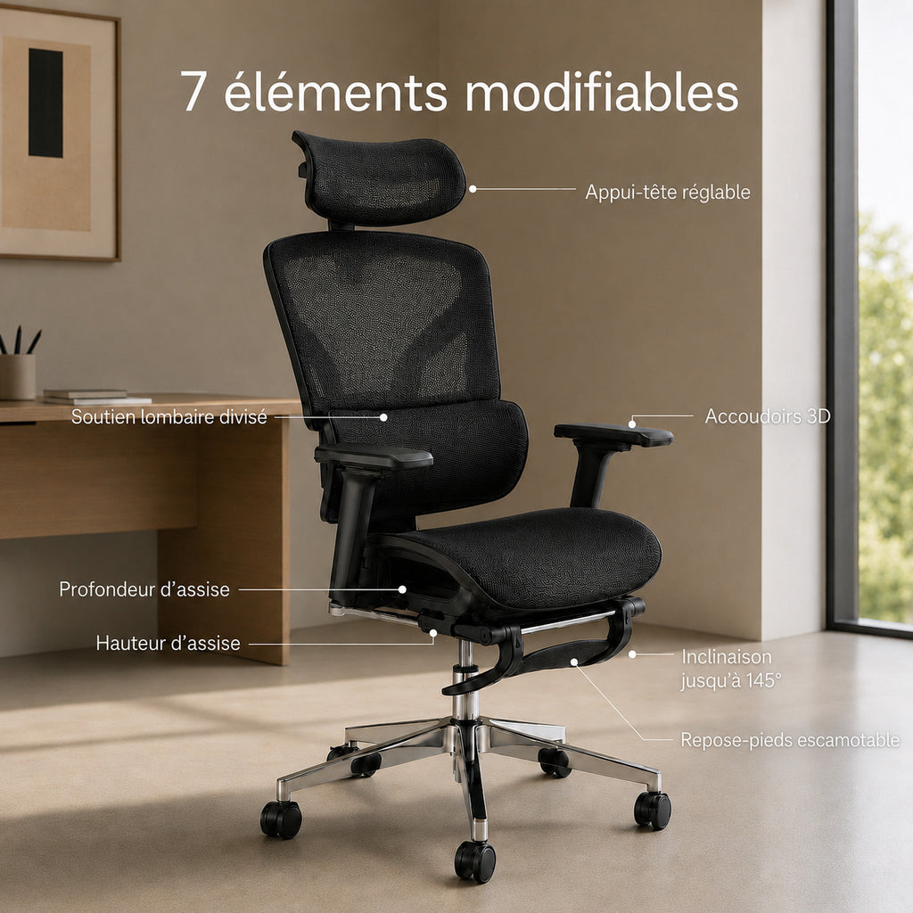 Infographie 7 éléments modifiables siège ERGOΛ Flex : appuie-tête, lombaire divisé, accoudoirs 3D, repose-pieds escamotable