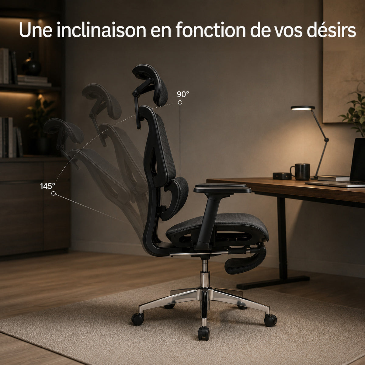 Siège ERGOΛ Flex inclinaison dossier de 90° à 145°, vue profil, base aluminium, home office