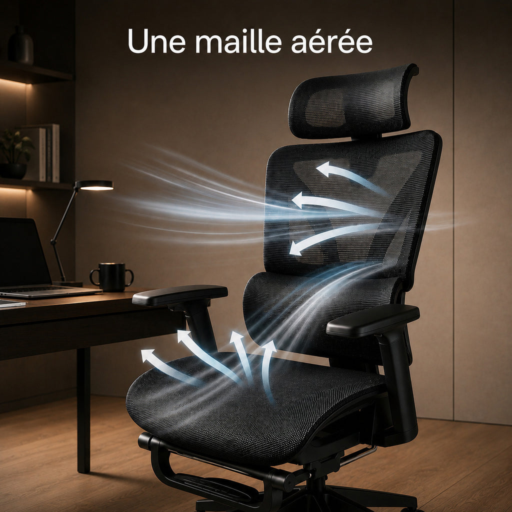 Siège ERGOΛ Flex mesh aéré avec flux d'air illustrés traversant dossier et assise