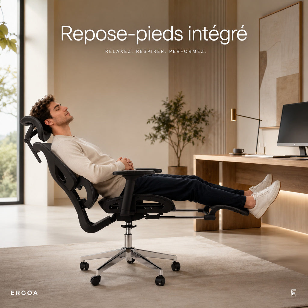 Homme allongé sur siège ERGOΛ Flex, repose-pieds intégré déployé, lifestyle home office lumineux
