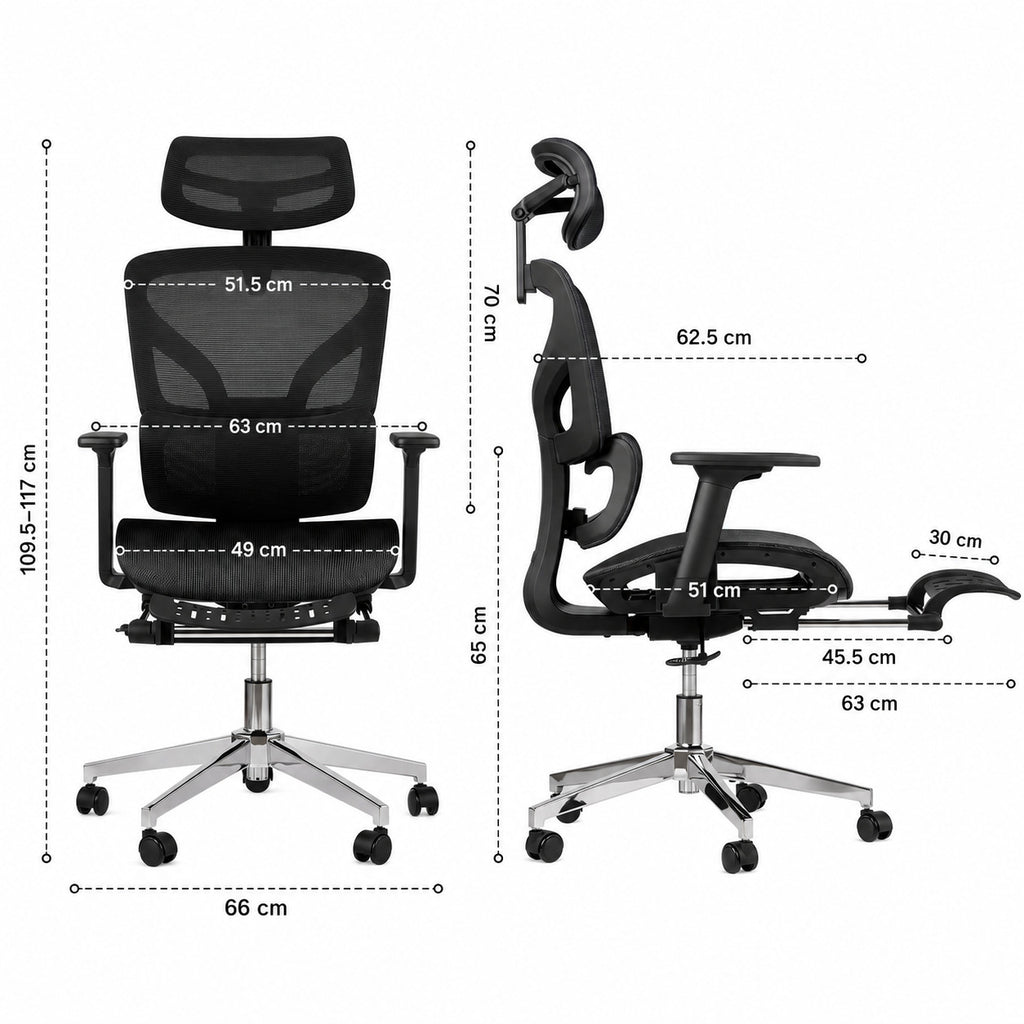Dimensions siège ERGOΛ Flex : vues face et profil cotées, hauteur 109,5–117 cm, base aluminium 66 cm