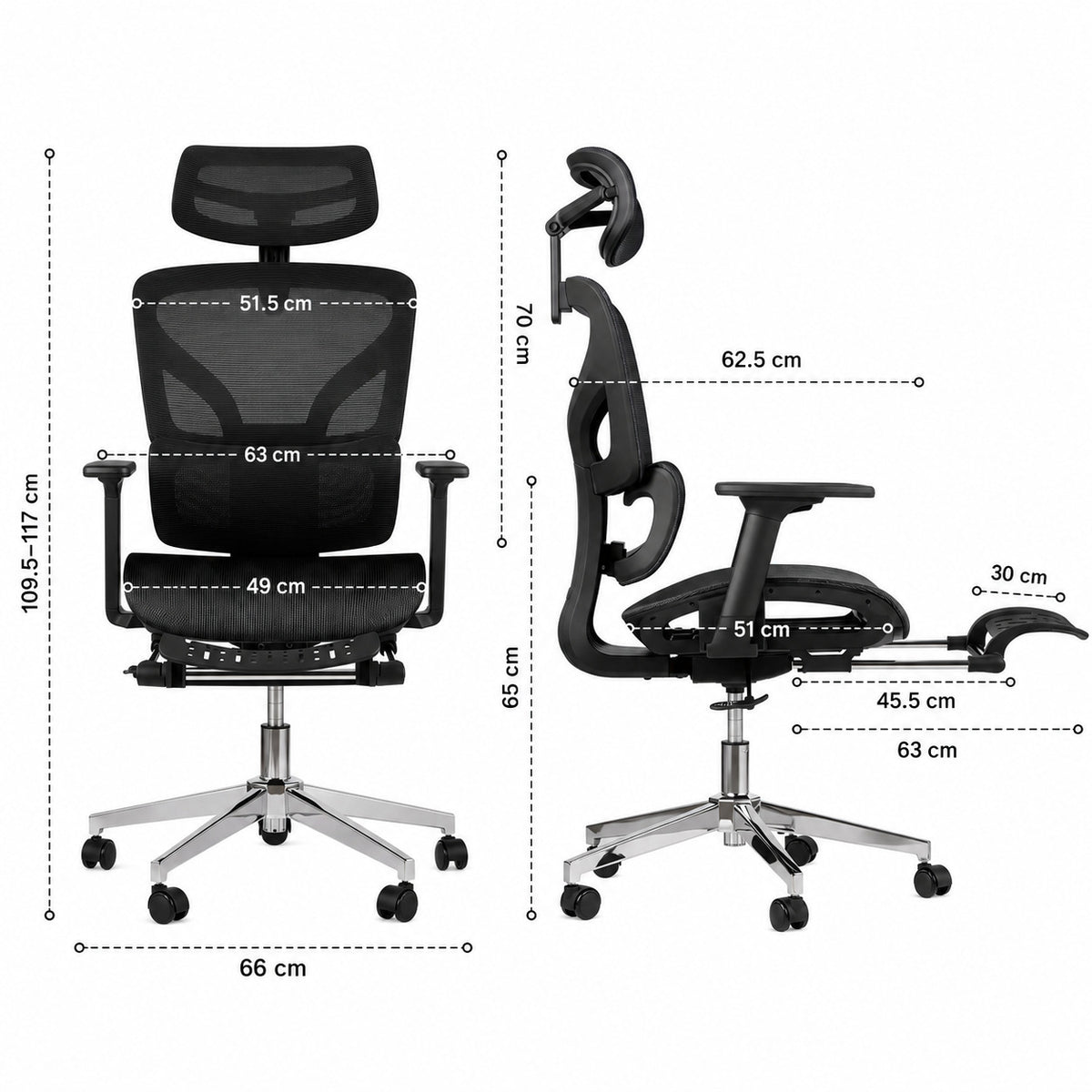 Dimensions siège ERGOΛ Flex : vues face et profil cotées, hauteur 109,5–117 cm, base aluminium 66 cm