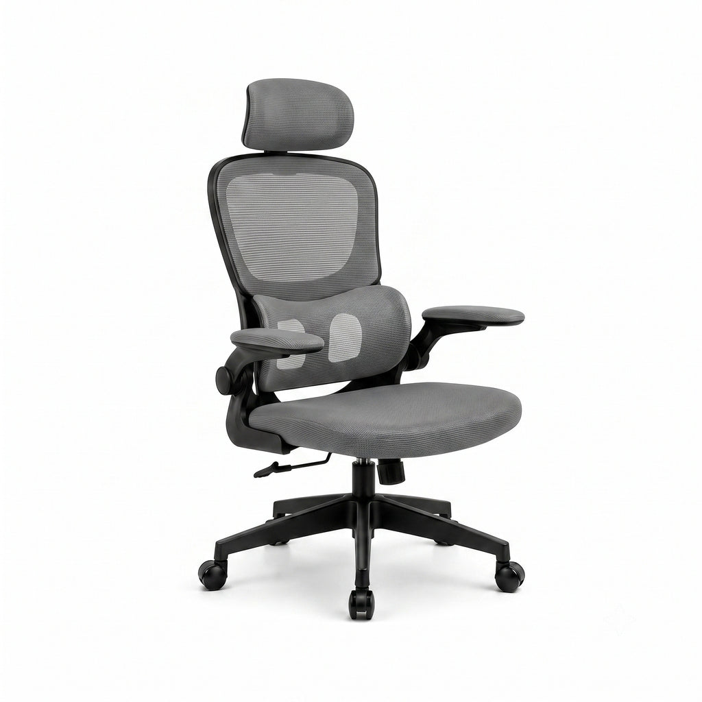 Siège ergonomique ERGOΛ Lite gris, vue 3/4, mesh respirant bicolore, accoudoirs rabattables