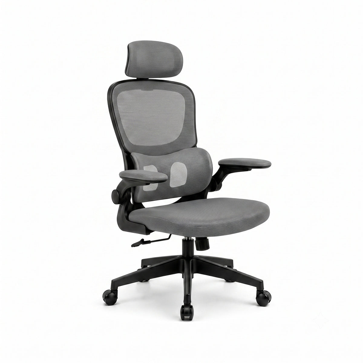 Siège ergonomique ERGOΛ Lite gris, vue 3/4, mesh respirant bicolore, accoudoirs rabattables