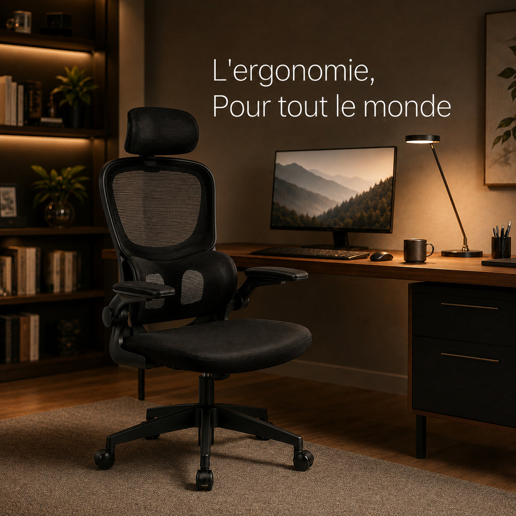 Siège ERGOΛ Lite dans un home office, l'ergonomie accessible pour tous, éclairé chaleureusement
