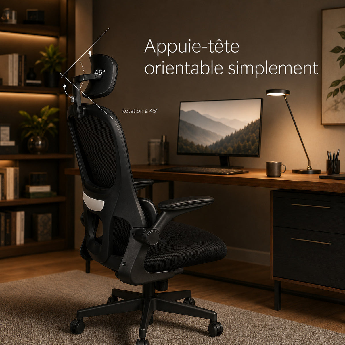 Appuie-tête siège ERGOΛ Lite orientable à 45°, vue profil, bureau en fond