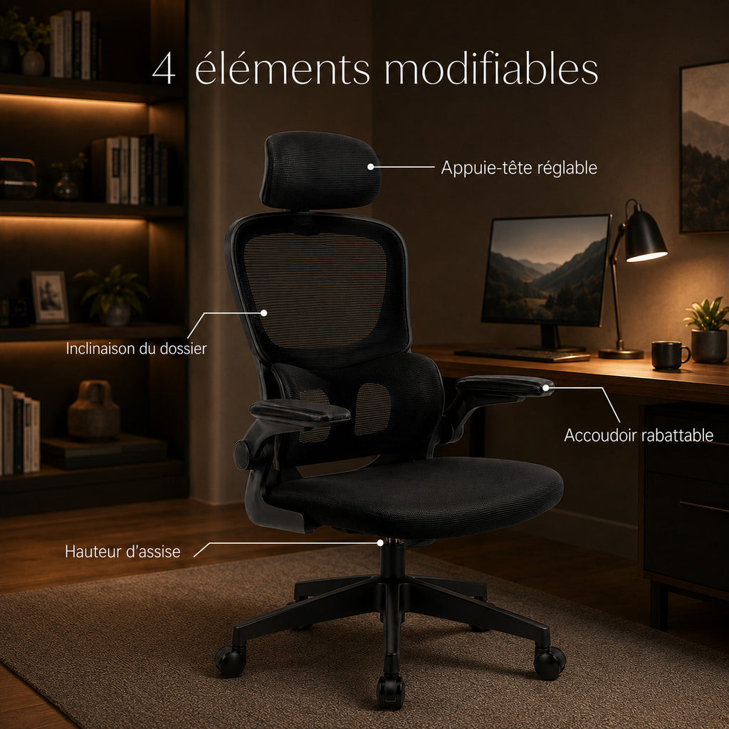 Infographie 4 éléments modifiables siège ERGOΛ Lite : appuie-tête, inclinaison dossier, accoudoir rabattable, hauteur assise