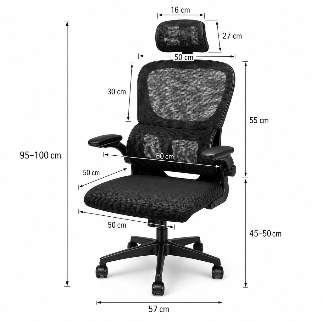 Dimensions siège ERGOΛ Lite : vue face cotée, hauteur 95–100 cm, assise 50×50 cm, base 57 cm