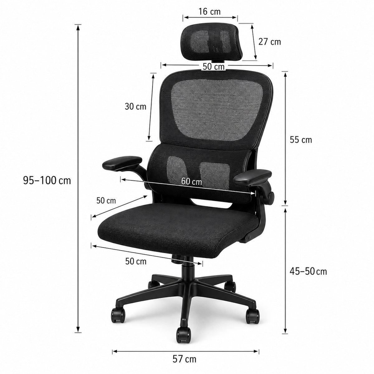 Dimensions siège ERGOΛ Lite : vue face cotée, hauteur 95–100 cm, assise 50×50 cm, base 57 cm
