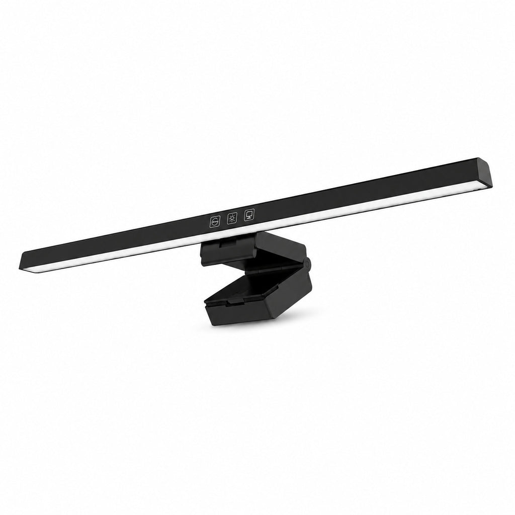 Barre lumineuse ERGOΛ Lux fixée sur moniteur, vue de face, éclairage bureau anti-reflet, fond blanc