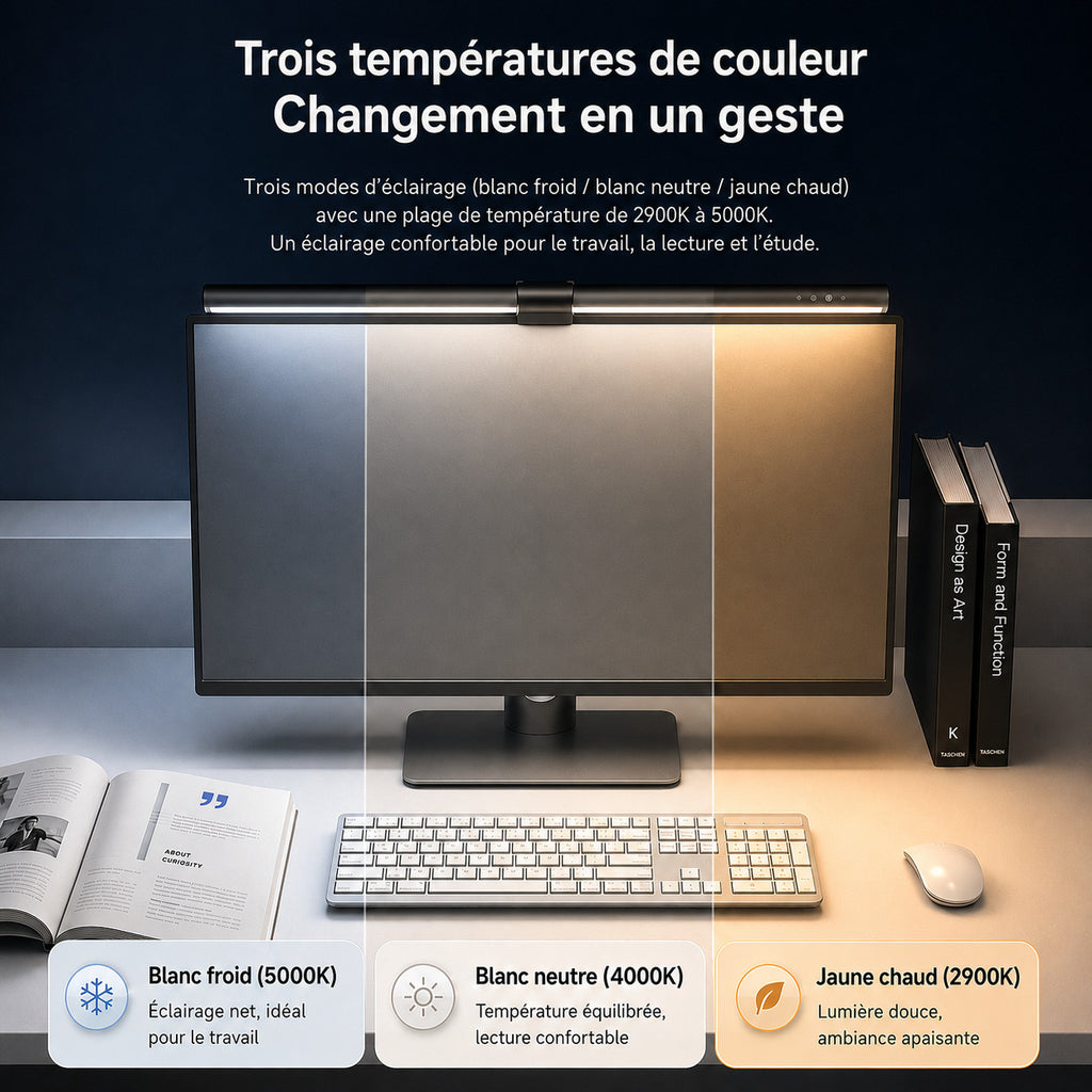 ERGOΛ Lux en situation sur bureau télétravail, lumière chaude sans reflet sur l'écran