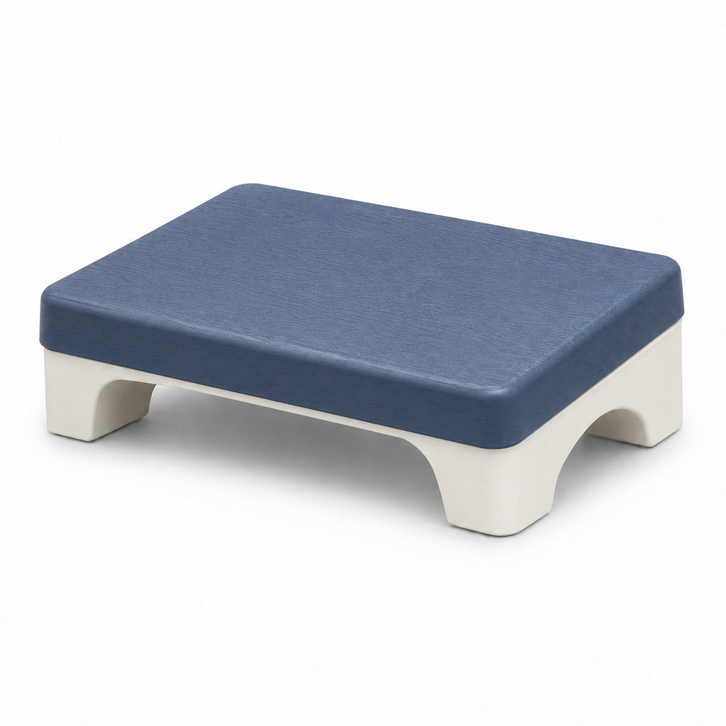 Repose-pieds ERGOΛ Rest Grip, dessus bleu ardoise avec base blanche, structure polypropylène, arceau de bascule, surface rembourrée, fond blanc