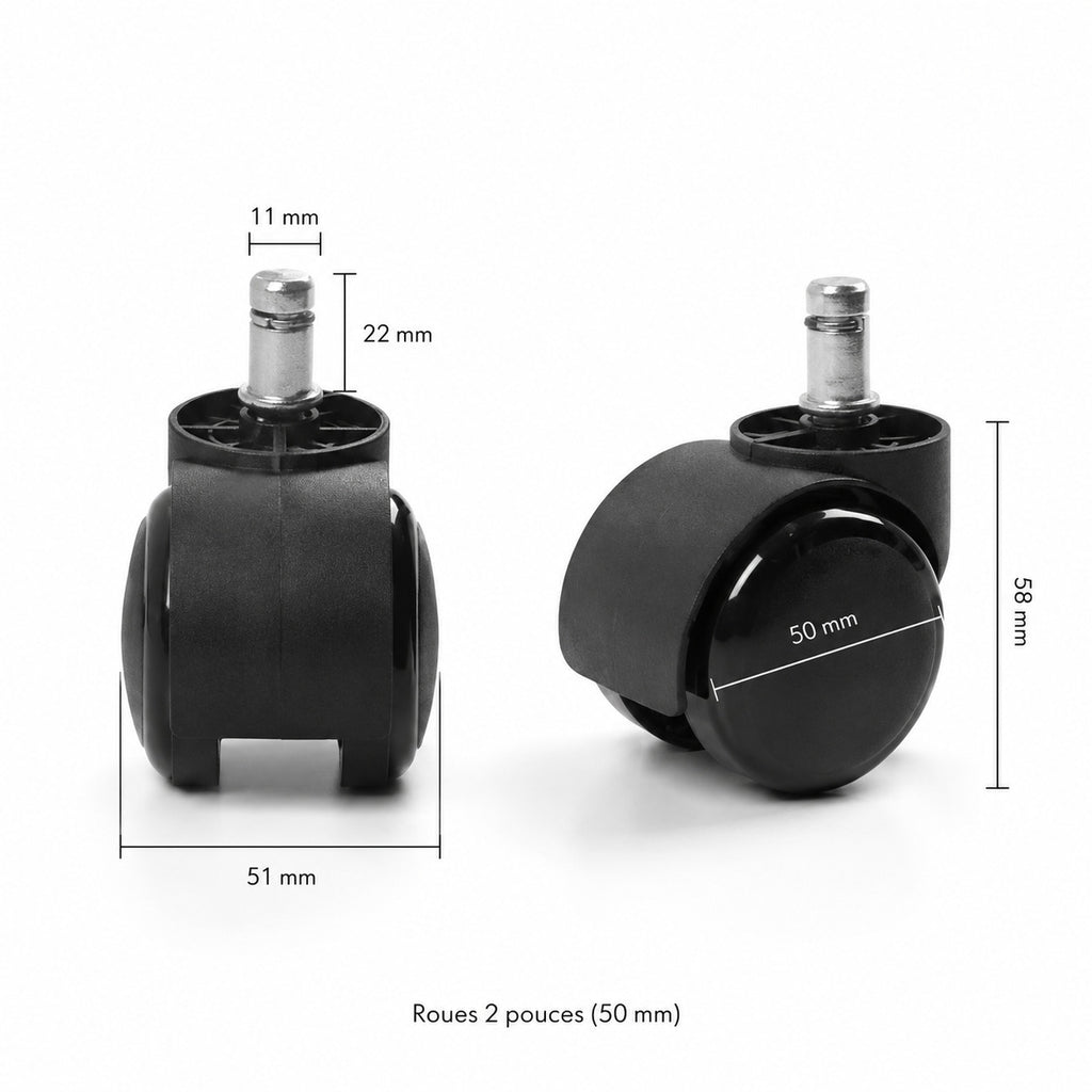 Roulette ERGOΛ Silent-Glide détail, tige universelle compatible chaises de bureau standard