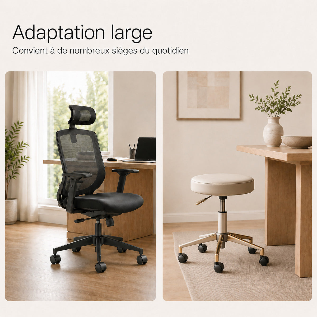 Installation roulette ERGOΛ Silent-Glide, emboîtement tige sur chaise, sans outil