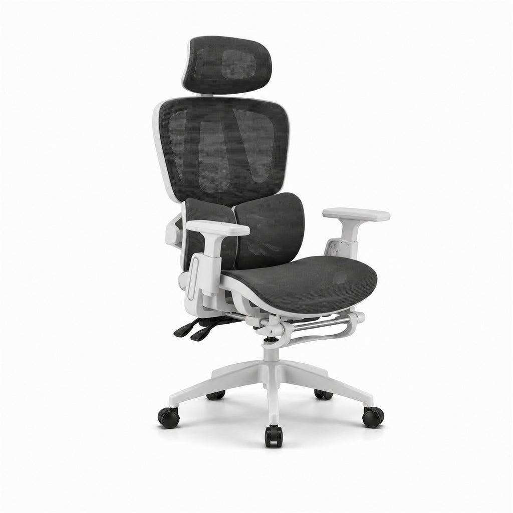 Siège ergonomique ERGOΛ Core cadre blanc gris, vue 3/4, mesh respirant, accoudoirs 4D et appuie-tête ajustable