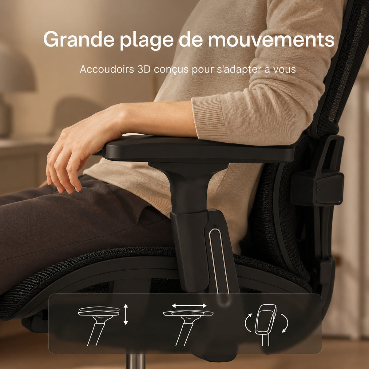 Gros plan accoudoir 3D siège ERGOΛ Core avec schémas de réglage hauteur, rotation et translation