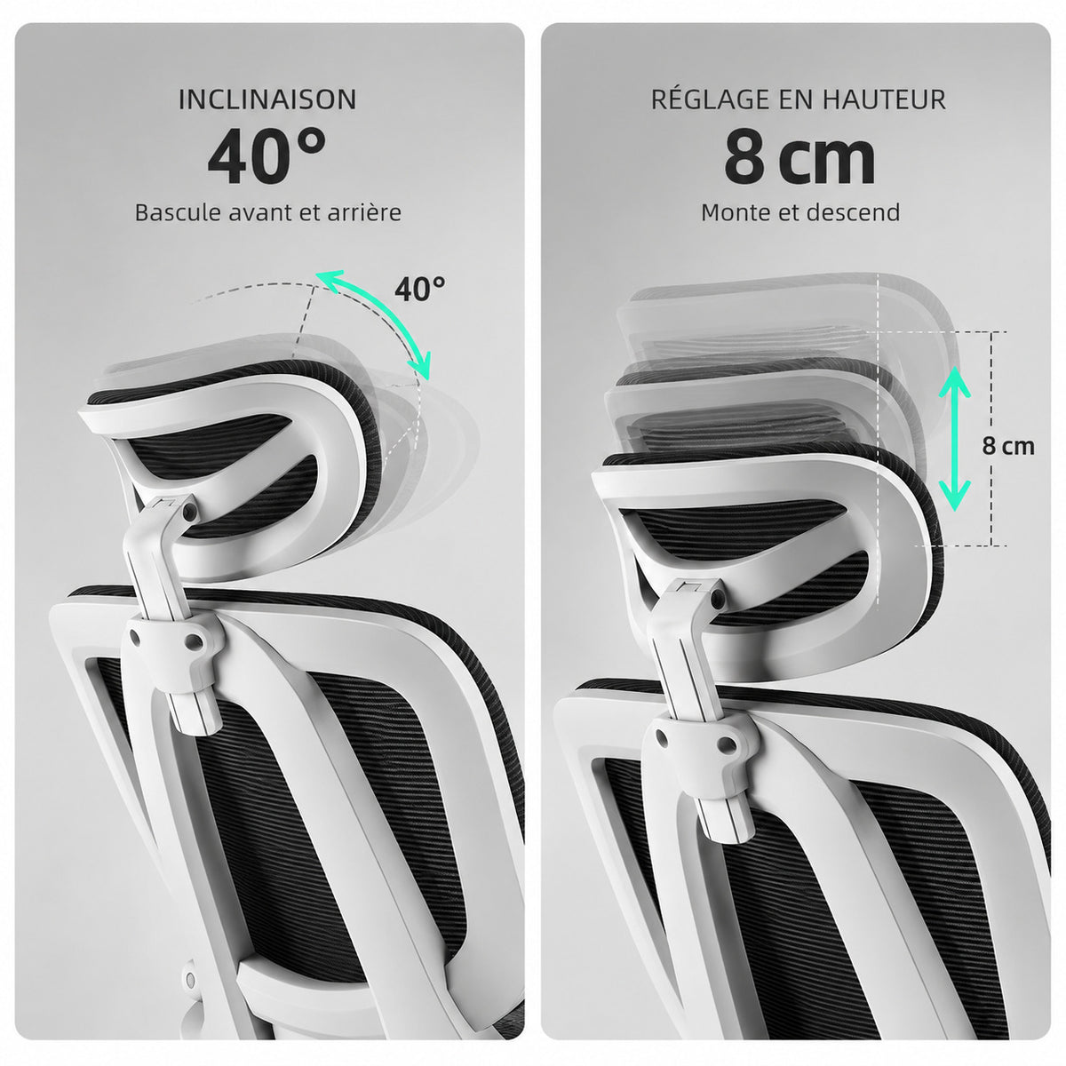Appui-tête ERGOA Core, inclinaison 40° et réglage hauteur 8cm illustrés