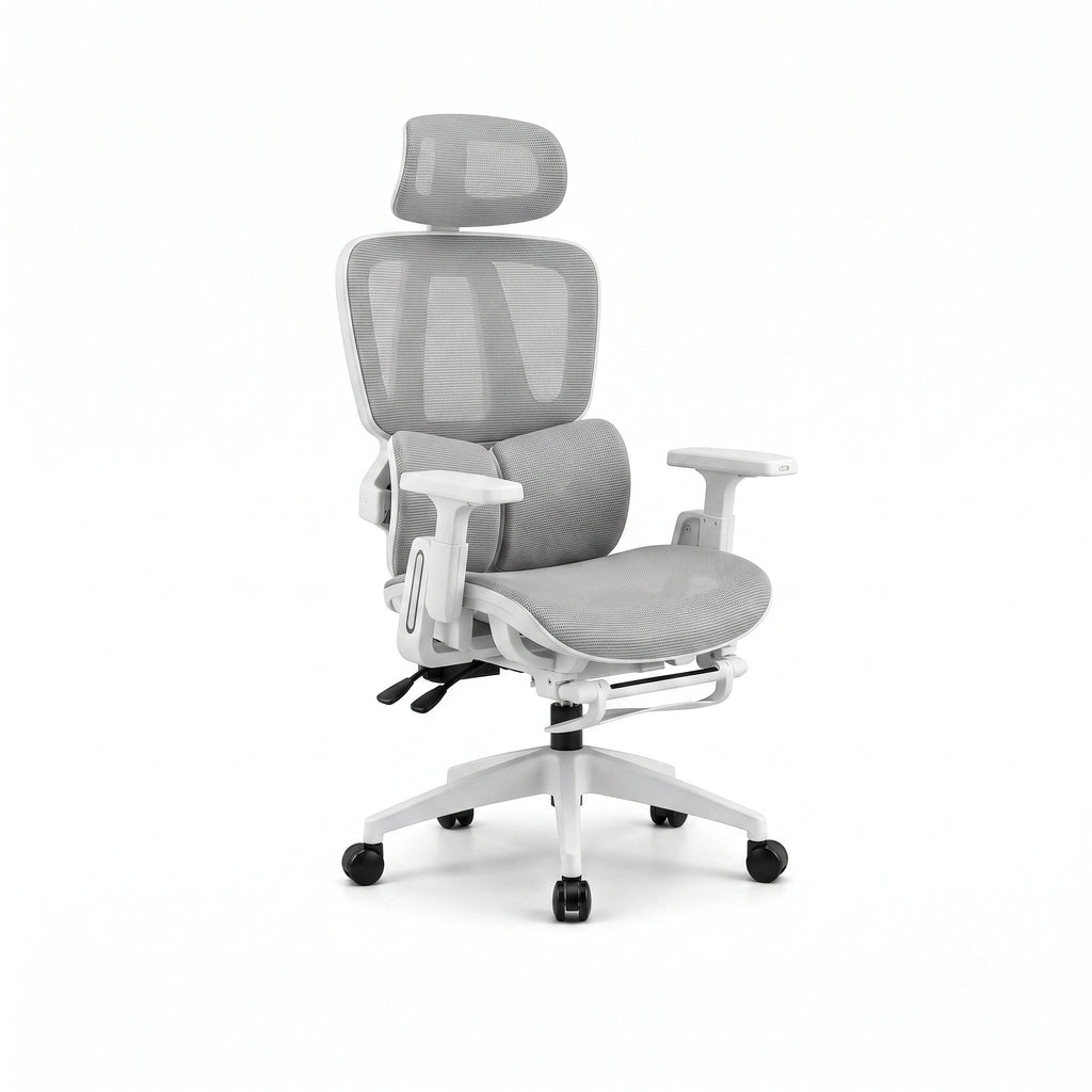 Siège ergonomique ERGOΛ Core gris, vue 3/4, mesh respirant, accoudoirs 4D et appuie-tête ajustable