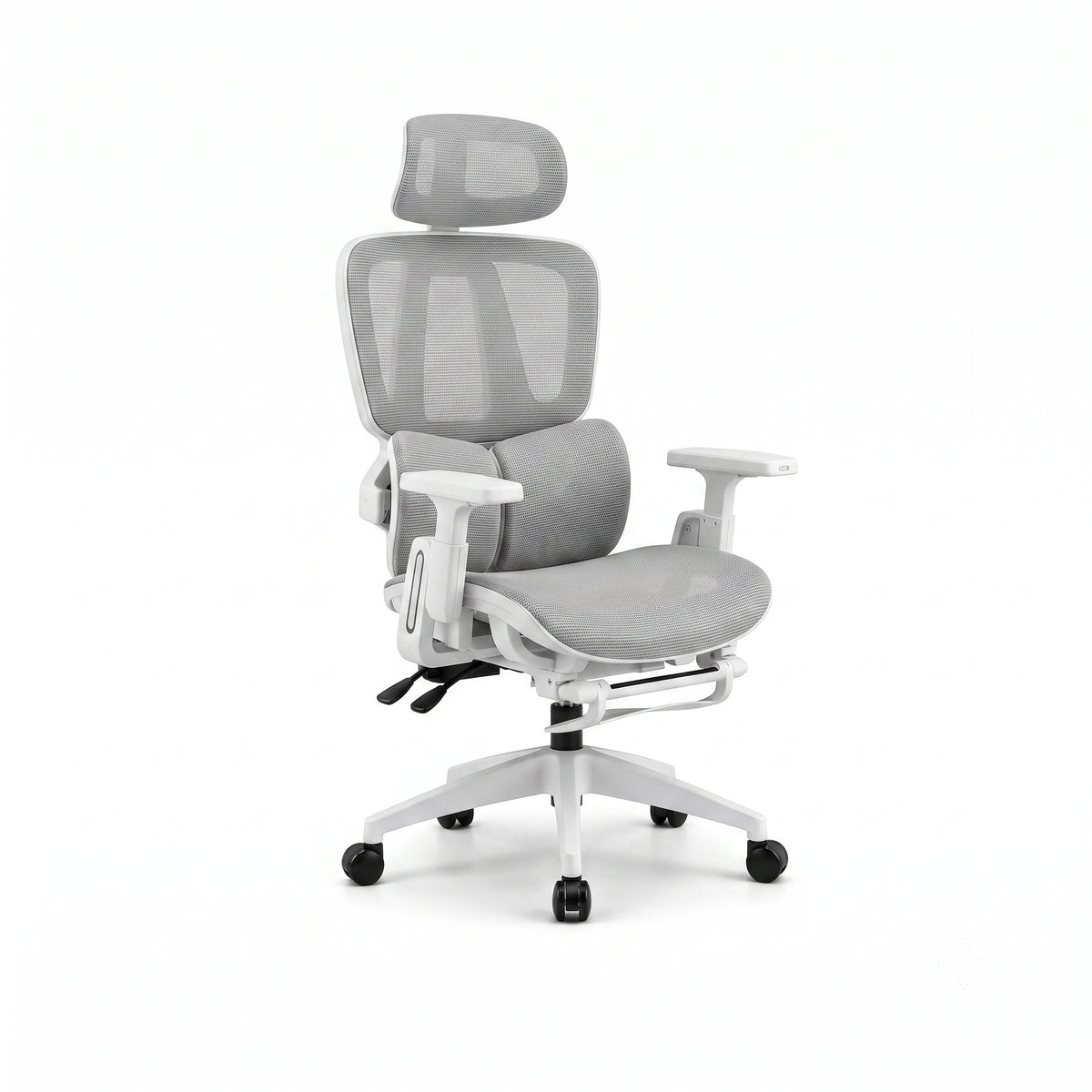 Siège ergonomique ERGOΛ Core gris, vue 3/4, mesh respirant, accoudoirs 4D et appuie-tête ajustable