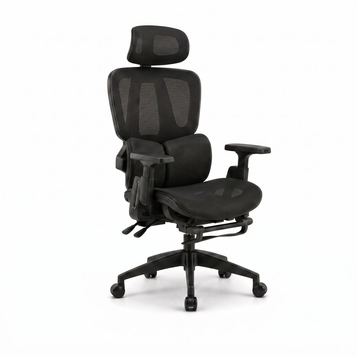 Siège ergonomique ERGOΛ Core noir, vue 3/4, mesh respirant, accoudoirs 4D et appuie-tête ajustable