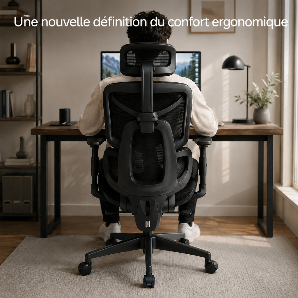 Utilisateur assis de dos sur siège ERGOΛ Core face à son écran, home office avec bureau en bois