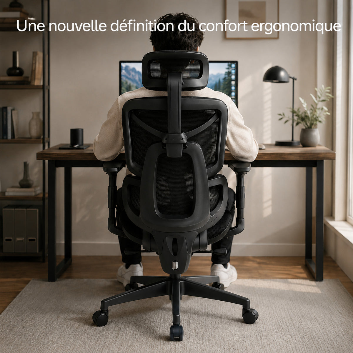 Utilisateur assis de dos sur siège ERGOΛ Core face à son écran, home office avec bureau en bois