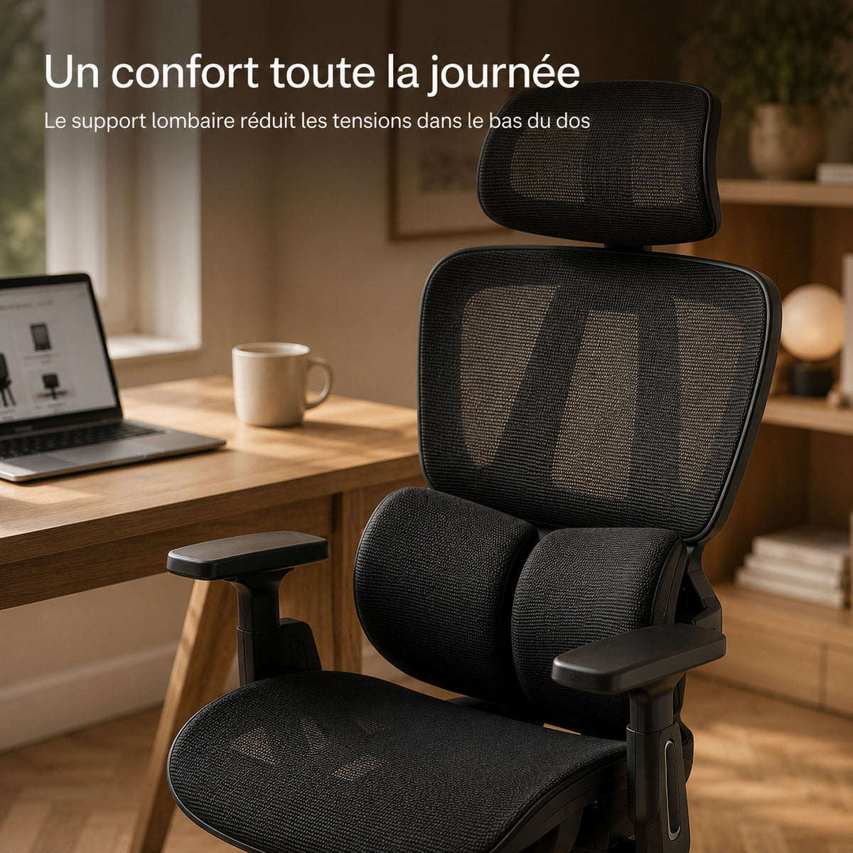 Siège ERGOΛ Core vue 3/4, soutien lombaire bifurqué visible, home office naturel en fond