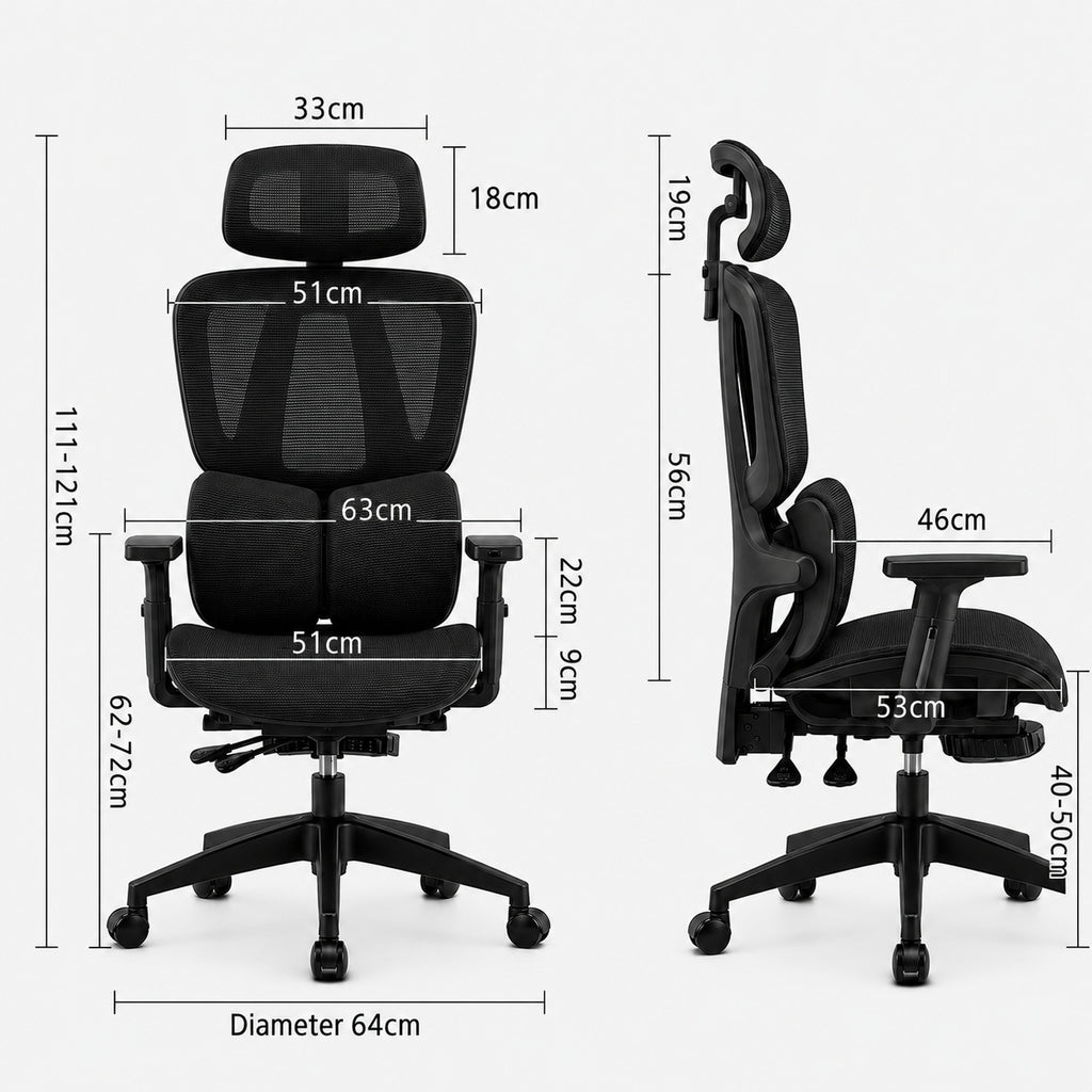 Dimensions siège ERGOΛ Core : vues face et profil cotées, hauteur 111–121 cm, assise 51×53 cm