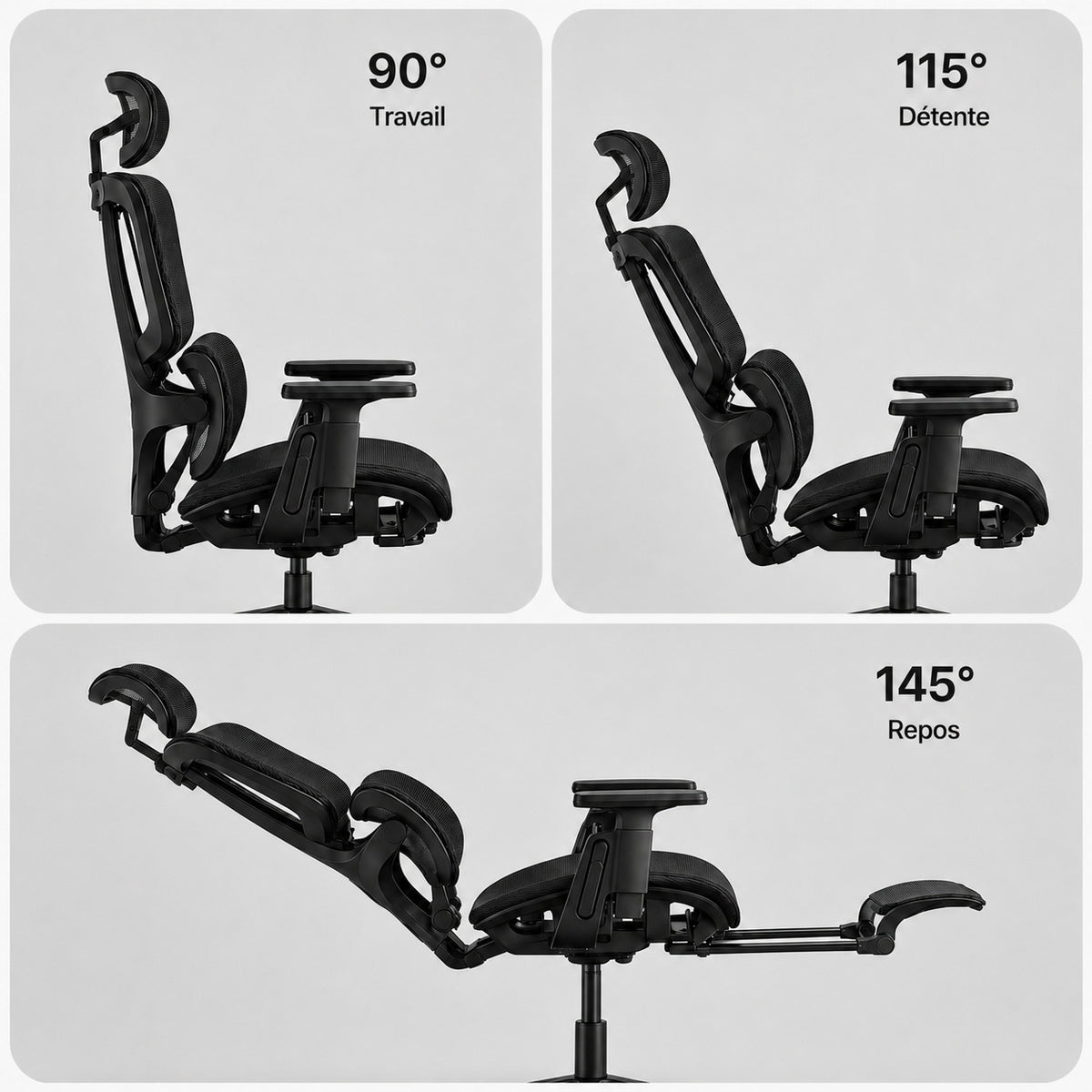 Siège ERGOΛ Core trois positions dossier : 90° travail, 115° détente, 145° repos