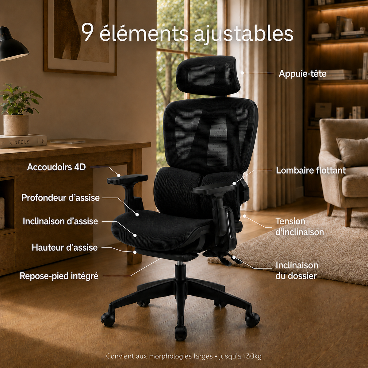 Infographie 9 éléments ajustables siège ERGOΛ Core : lombaire flottant, appuie-tête, accoudoirs 4D, repose-pieds